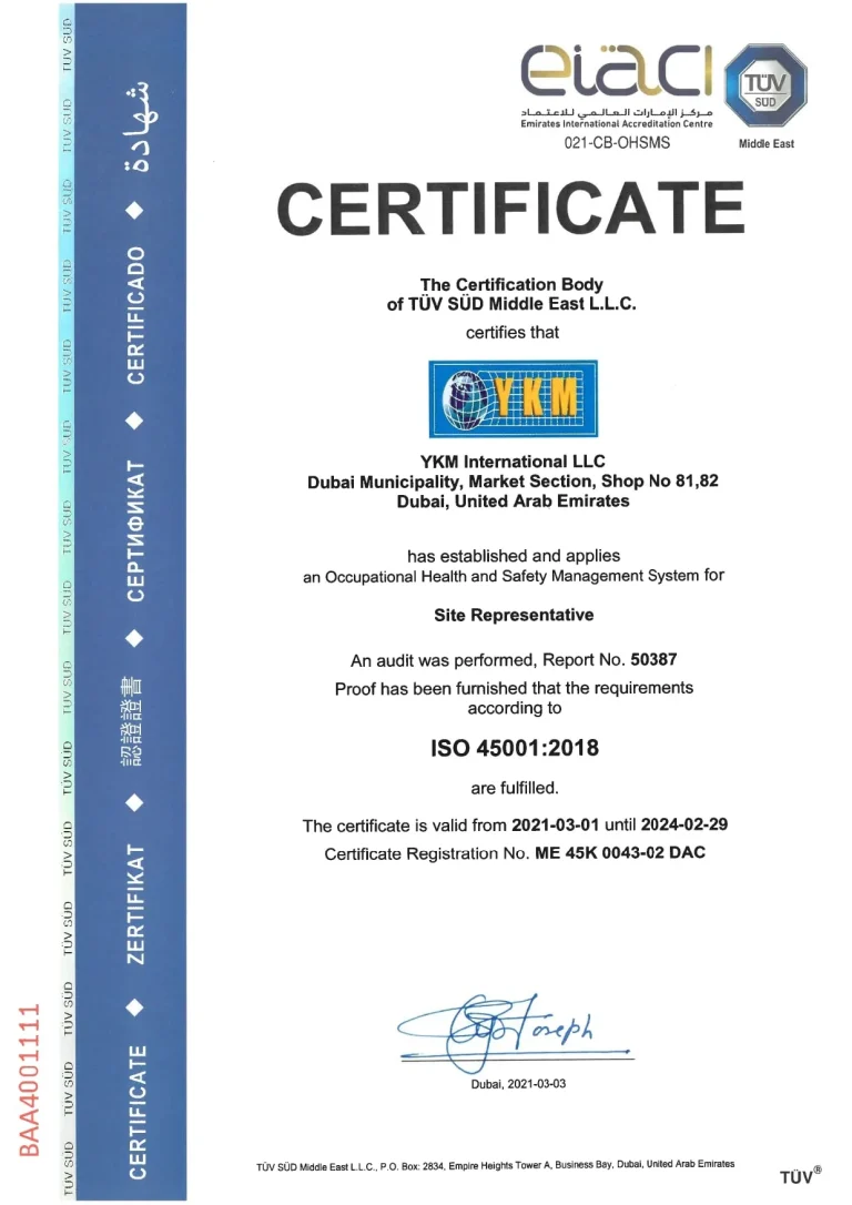 YKM International LLC SIte Representative LLC - ISO 45001
