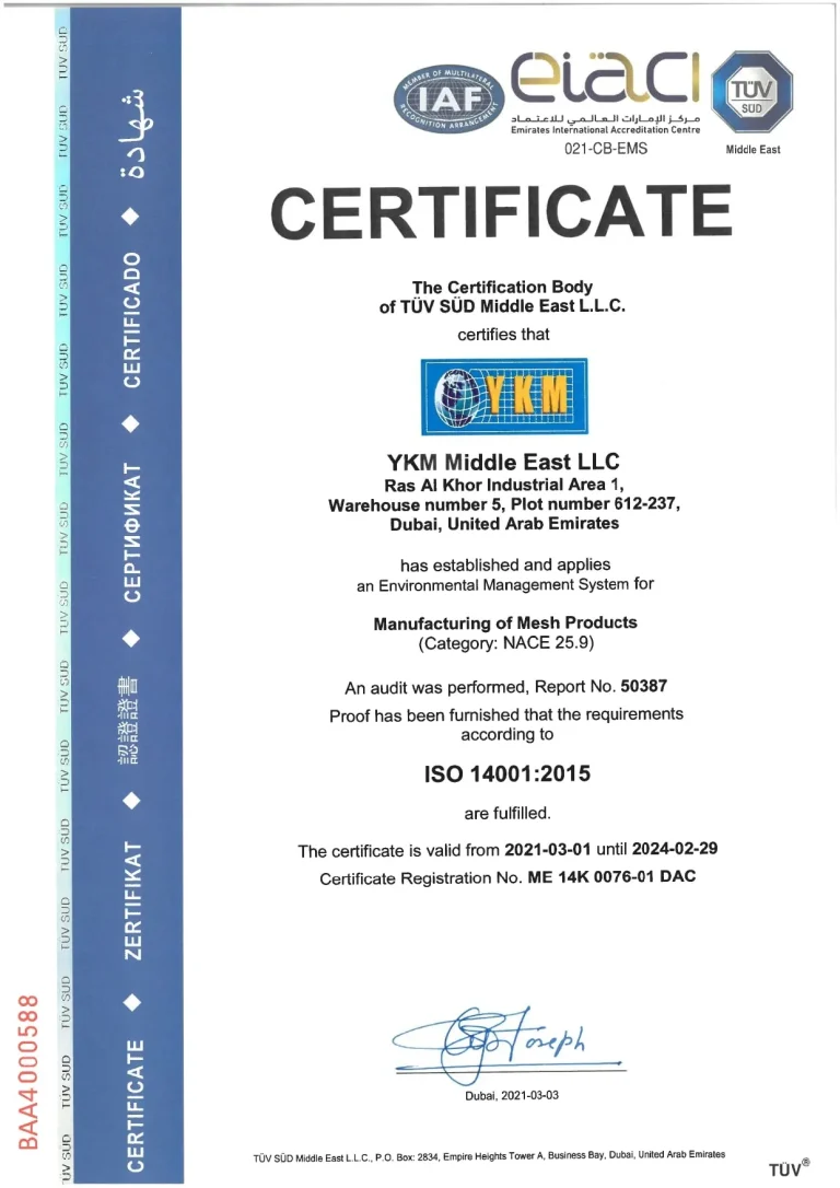 YKM الشرق الأوسط ذ.م.م - ISO 14001.2015